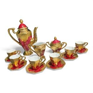 Vintage Limoges China Red & 22k Gold Espresso/Tea Set – 15 pc